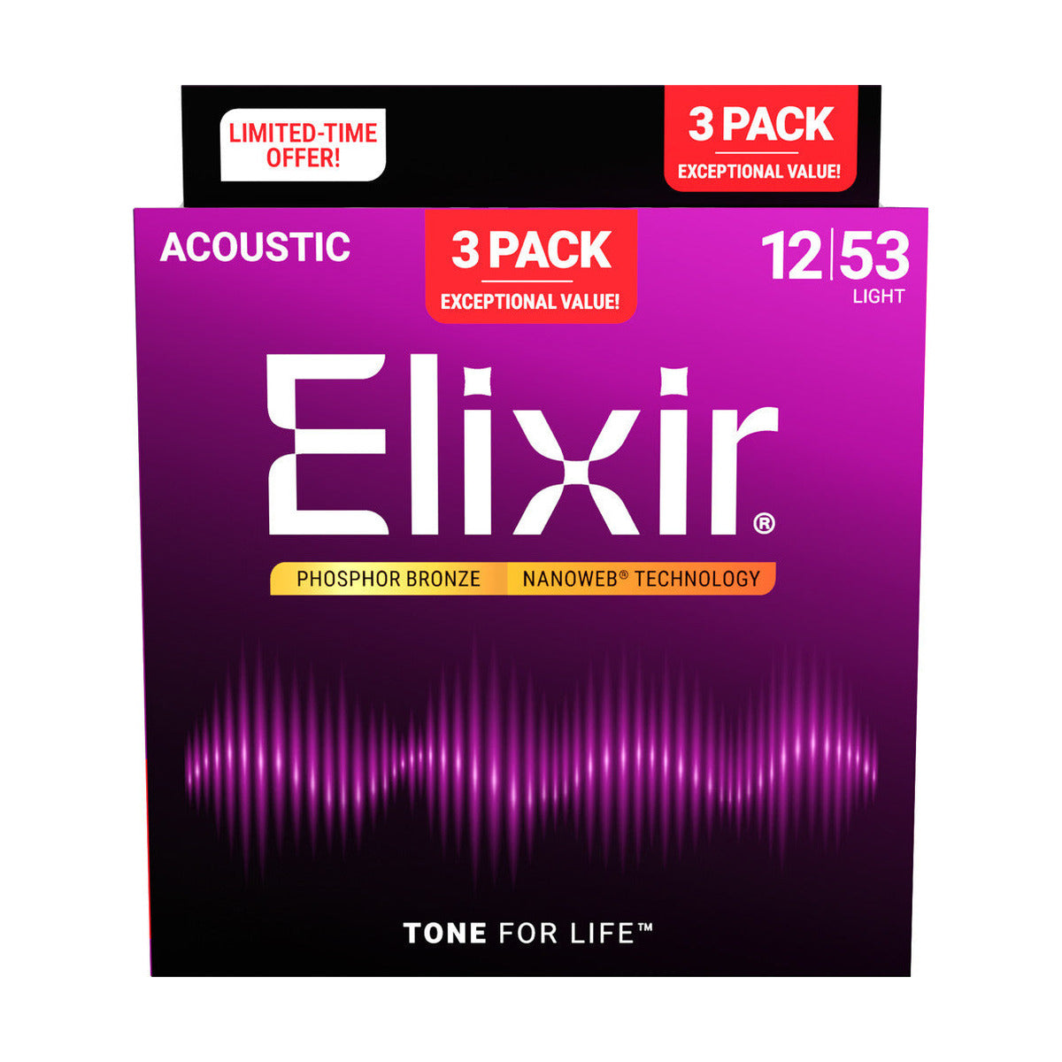 Official Elixir — Elixir Phosphor Bronze Acoustic 12-53 NANOWEB L 3-pack