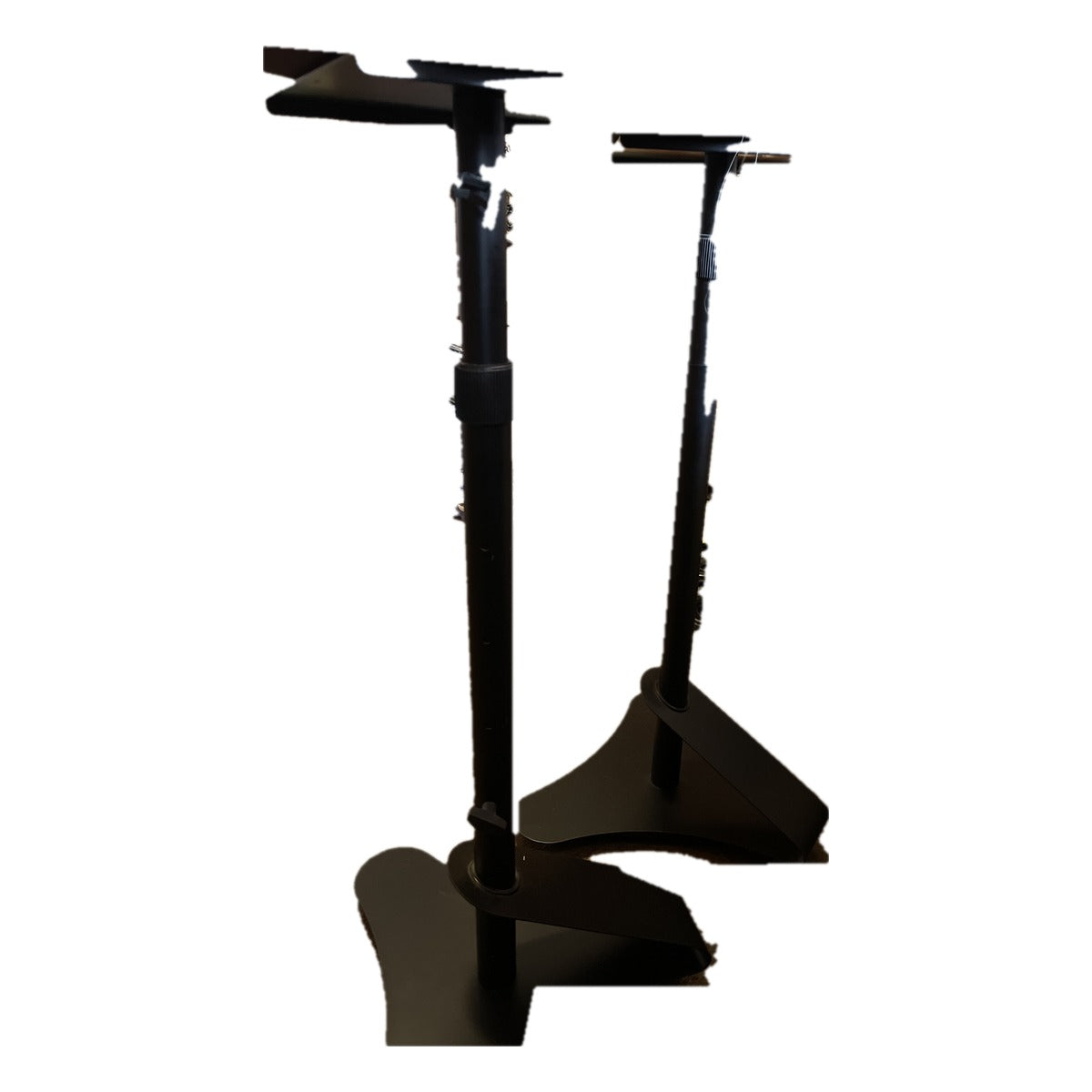 Pair of black height-adjustable studio monitor stands