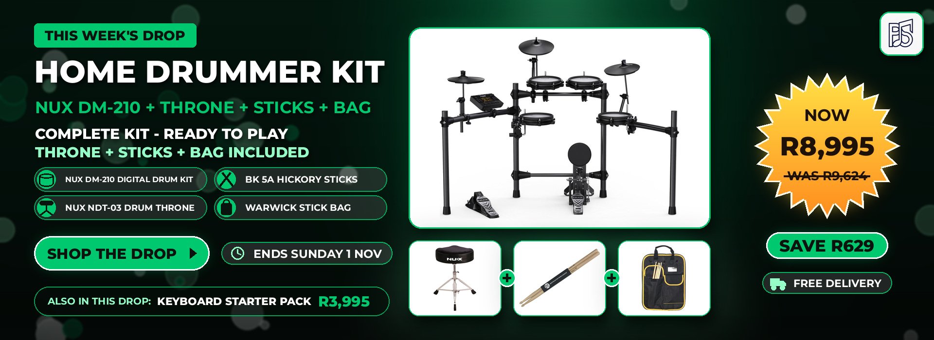 This week's drop: NUX DM-210 Home Drummer Kit with throne, sticks and bag, now R8,995