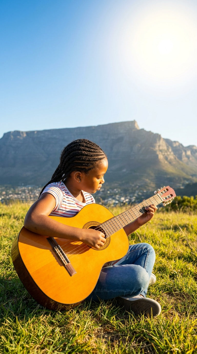 Girl playing an acoustic guitar with Table Mountain in the background