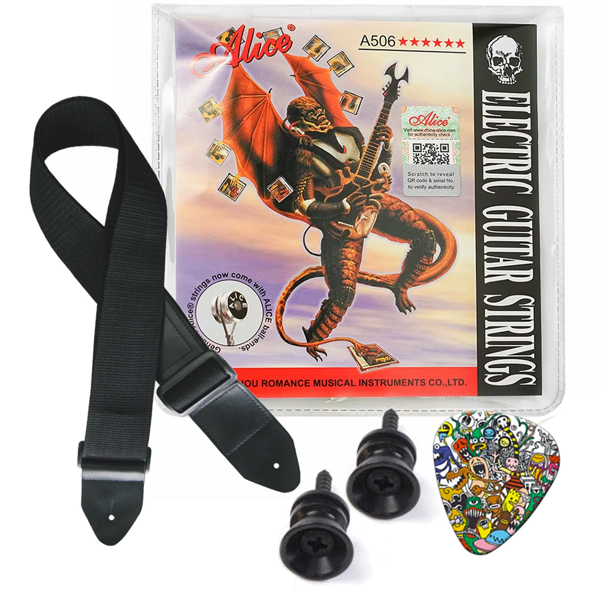 Electric Guitar Essentials Bundle – Strings, Strap, Strap Pins & Pick