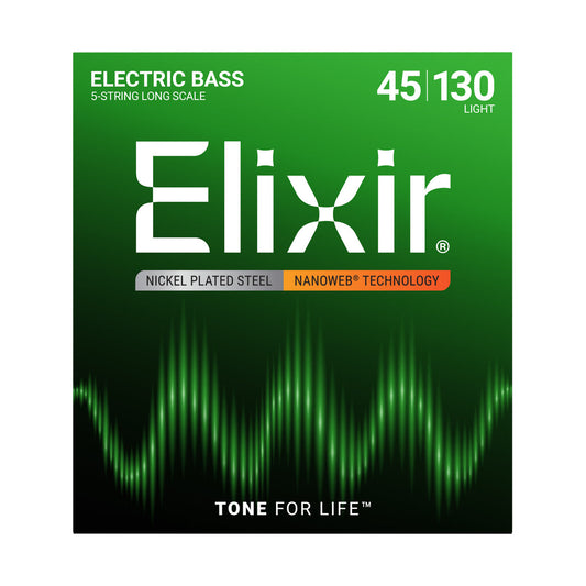 Official Elixir — Elixir NANOWEB Coated Nickel Plated Steel 5 String Bass Guitar Strings 045-130
