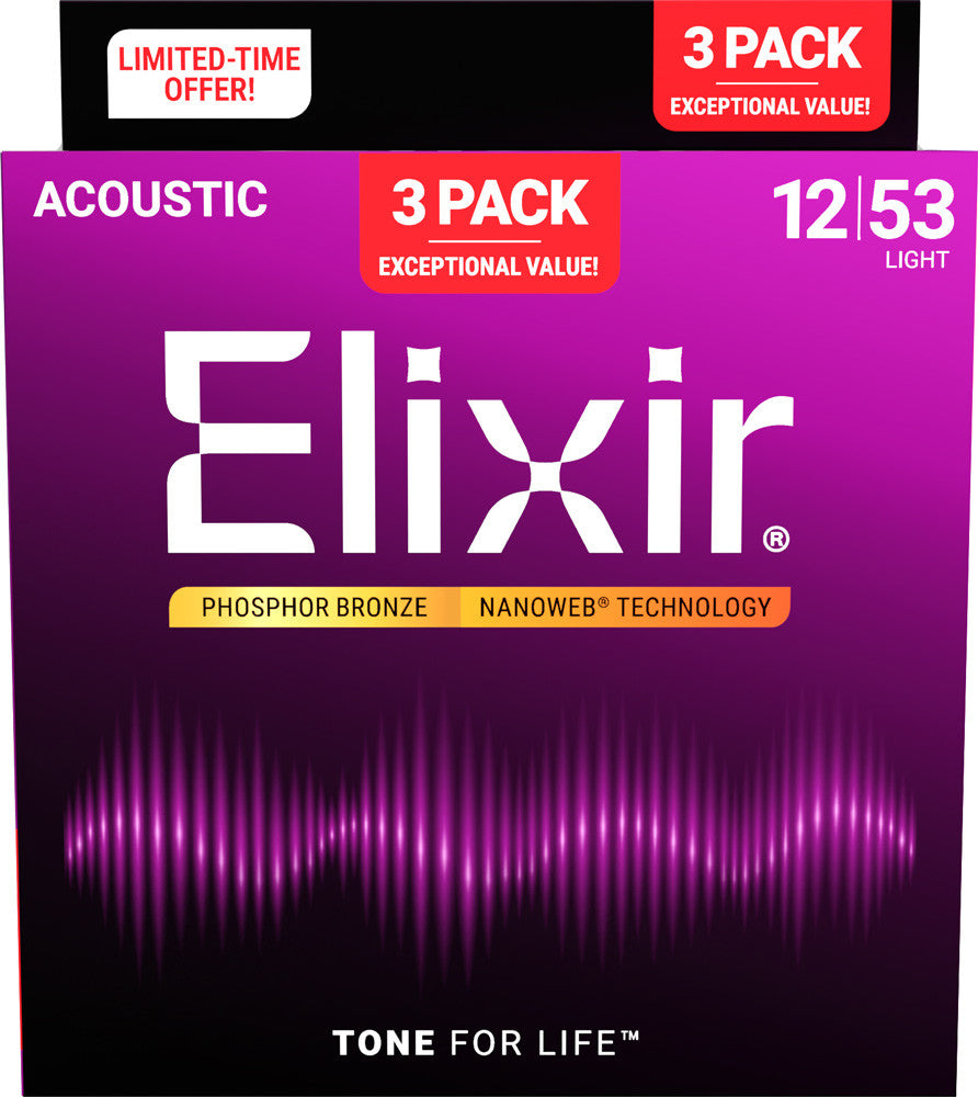 Official Elixir — Elixir Phosphor Bronze Acoustic 12-53 NANOWEB L 3-pack