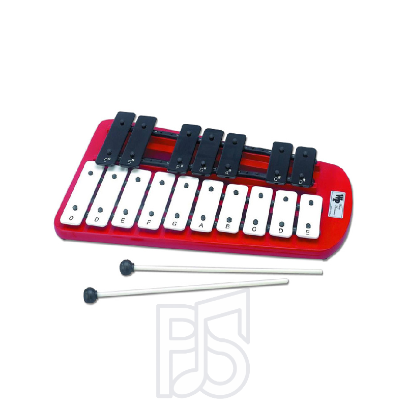 InPercussion 17-Note Glockenspiel – Red Metal Bars with Wooden Base (30mm Bars)