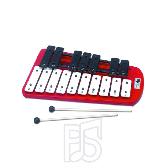 InPercussion 17-Note Glockenspiel – Red Metal Bars with Wooden Base (30mm Bars)