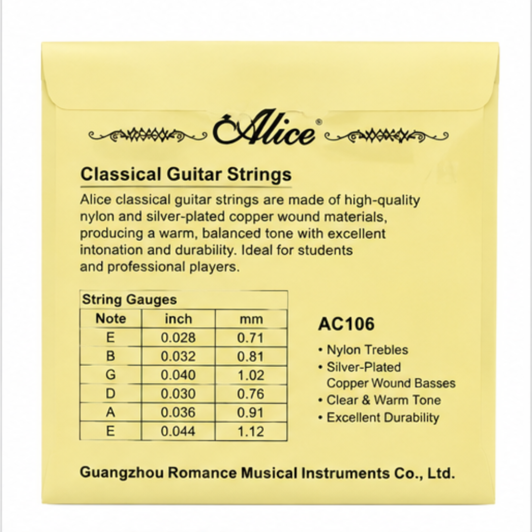 Alice A106 Classical Guitar Strings – Hard Tension Nylon Core (.0285–.044) for Beginners