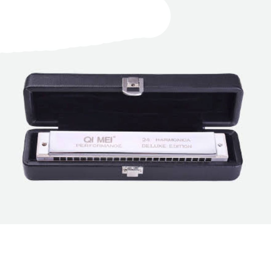 Qi Mei 24-Hole Tremolo Harmonica in C with Storage Case - Silver