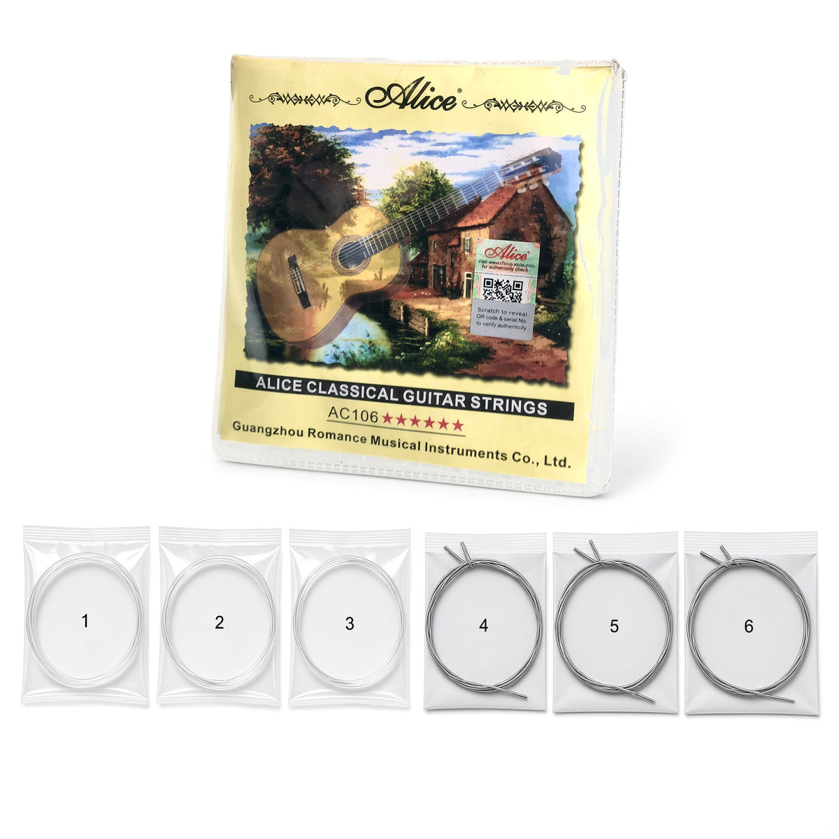 Alice A106 Classical Guitar Strings – Hard Tension Nylon Core (.0285–.044) for Beginners