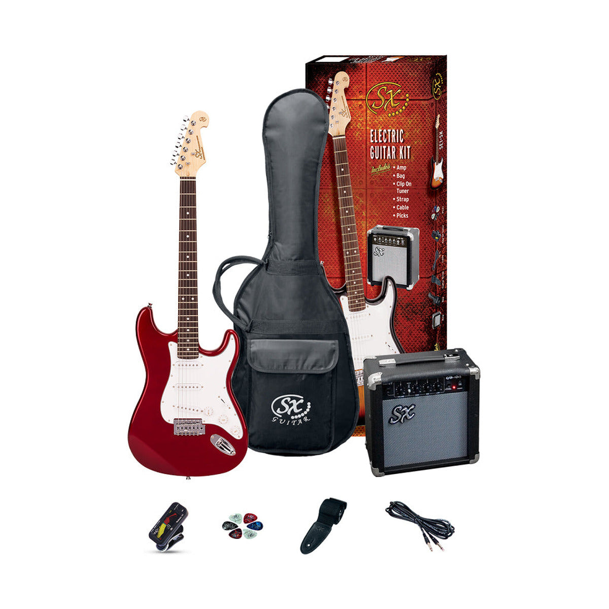SX Electric Guitar Kit - Amp Tuner Strap - Candy Apple Red — hero 1