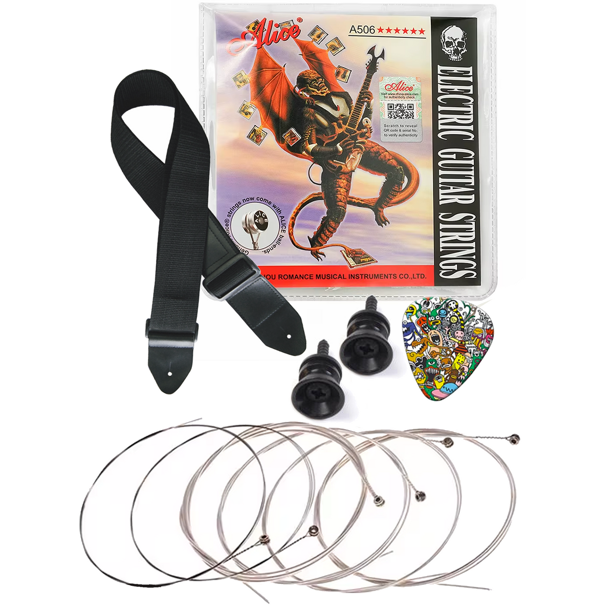 Electric Guitar Essentials Bundle – Strings, Strap, Strap Pins & Pick