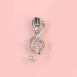 Vintage Microphone & Treble Clef Brooch - Silver Music Note Lapel Pin
