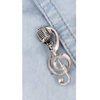 Vintage Microphone & Treble Clef Brooch - Silver Music Note Lapel Pin