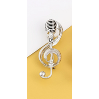 Vintage Microphone & Treble Clef Brooch - Silver Music Note Lapel Pin