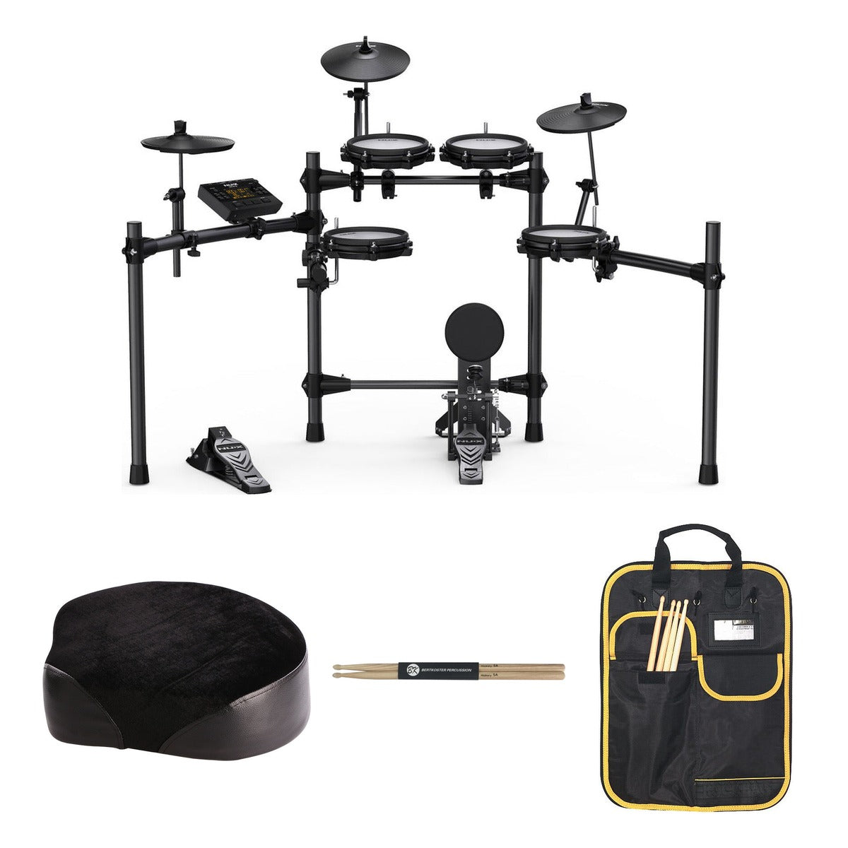 NUX DM-210 Home Drummer Kit bundle: all-mesh e-drum kit, NDT-03 throne, 5A hickory sticks and Warwick stick bag