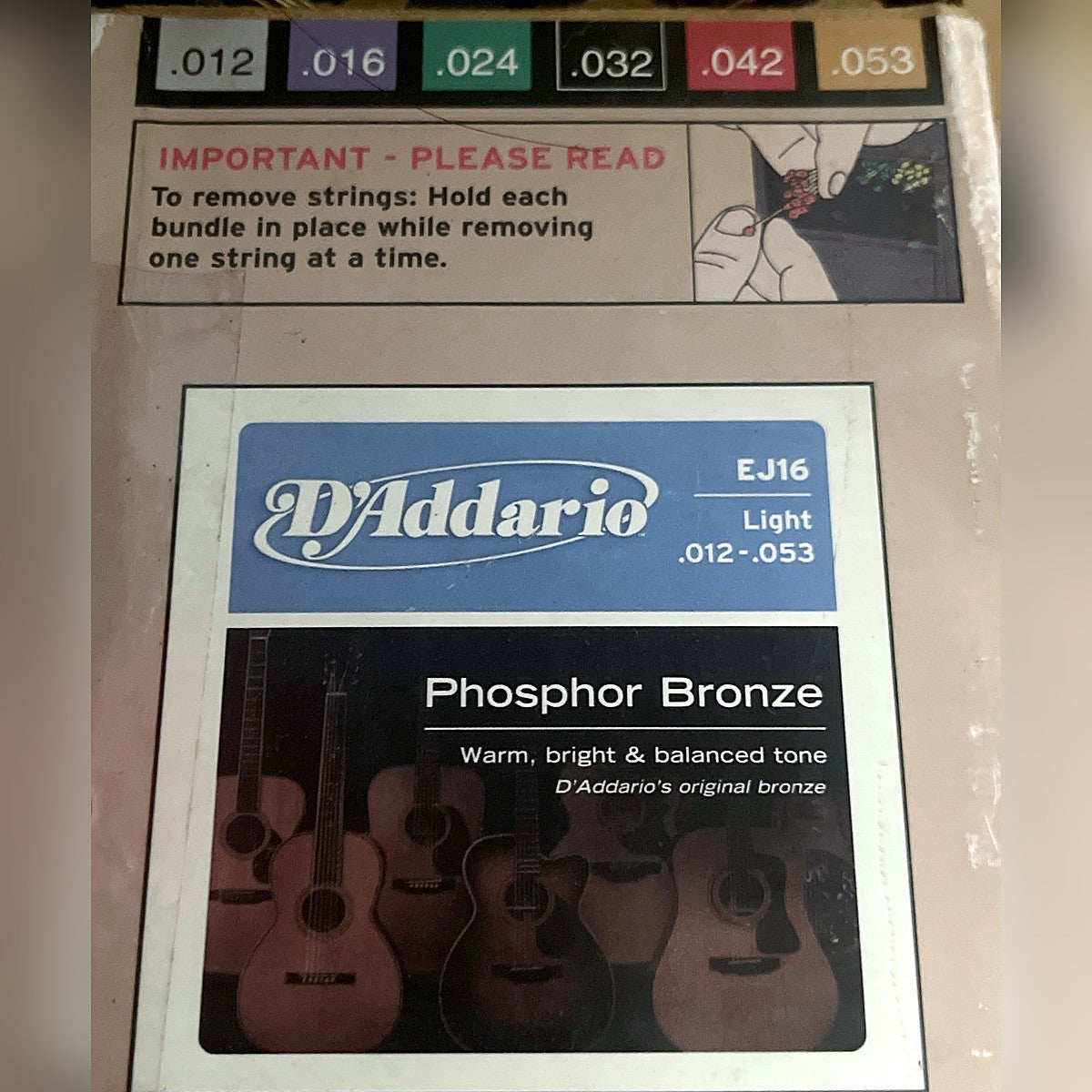 D'Addario EJ16 Light Phosphor Bronze acoustic strings packaging with gauge chart