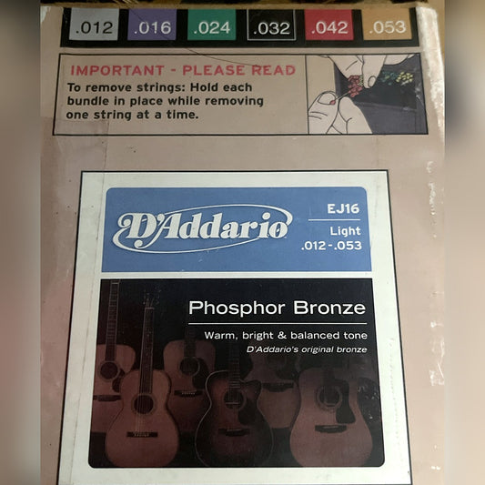 D'Addario EJ16 Light Phosphor Bronze acoustic strings packaging with gauge chart