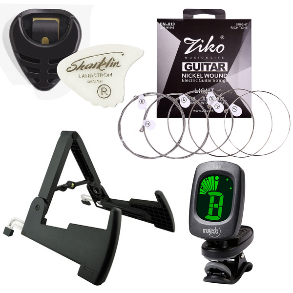 Electric Guitar Upgrade Bundle Guitar Stand, Strings, Clip-On Tuner & Pick
