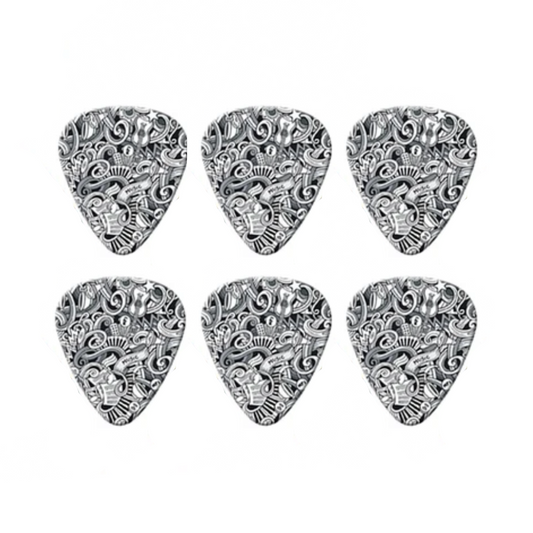 Pack of 6 Black & White Music & Guitar Themed Medium Guitar Plectrums by Pieter Smuts Music