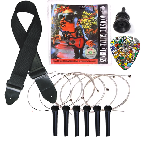 Acoustic Guitar Accessory Bundle - Strings, Strap, Bridge Pins, Plectrum